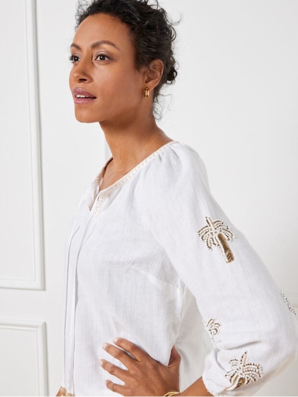 Talbots • NWT Palm Embellished Linen Cotton Pullover Blouse Beachy Size Coastal - Picture 2 of 12